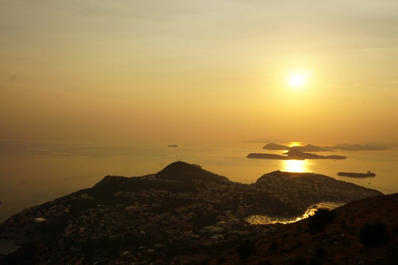 Sunset over the Dubrovnik coast and islands, taken from the viewpoint at the top of the cable car